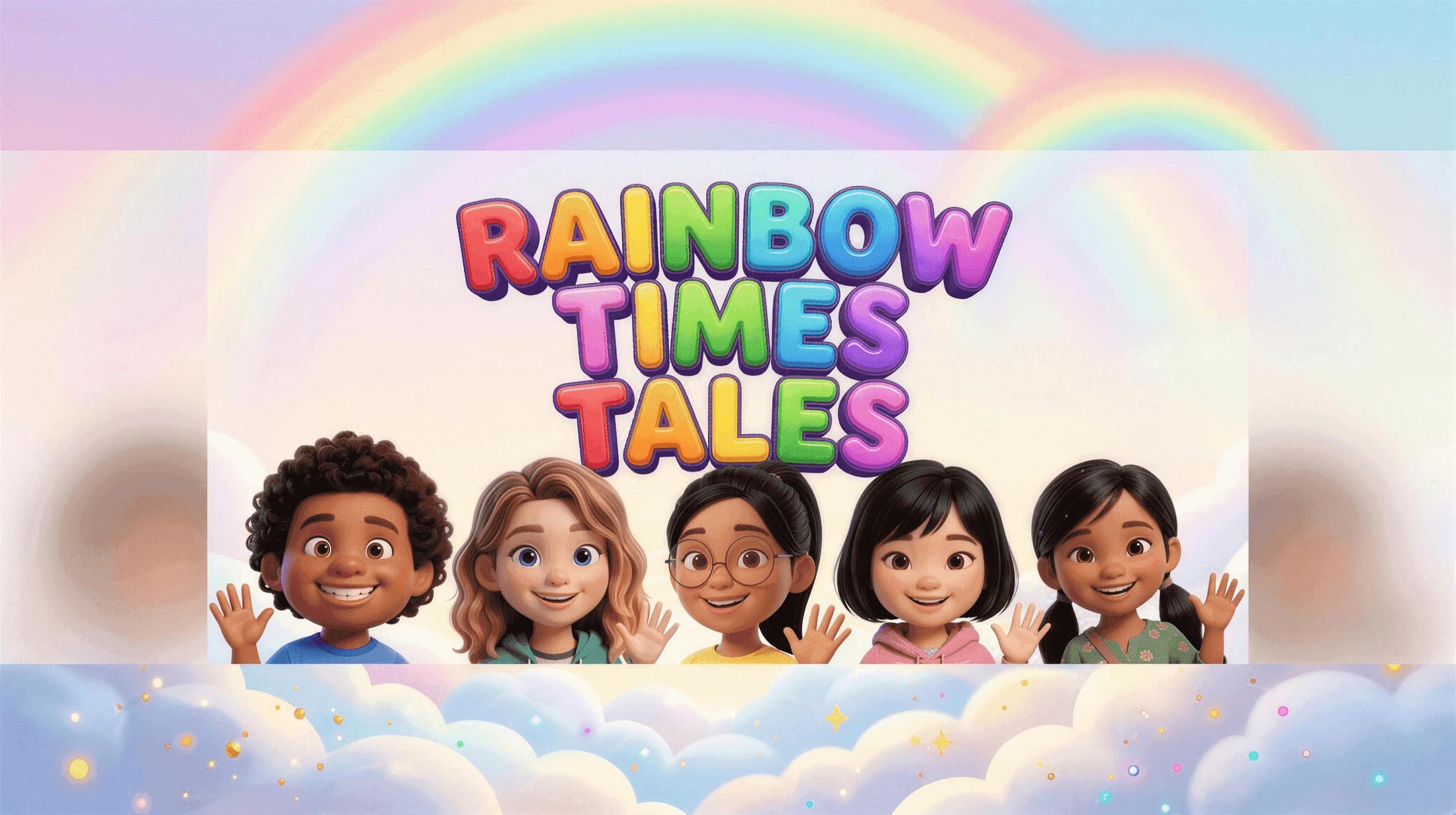 The five friends of Rainbow Times Tales beneath a rainbow